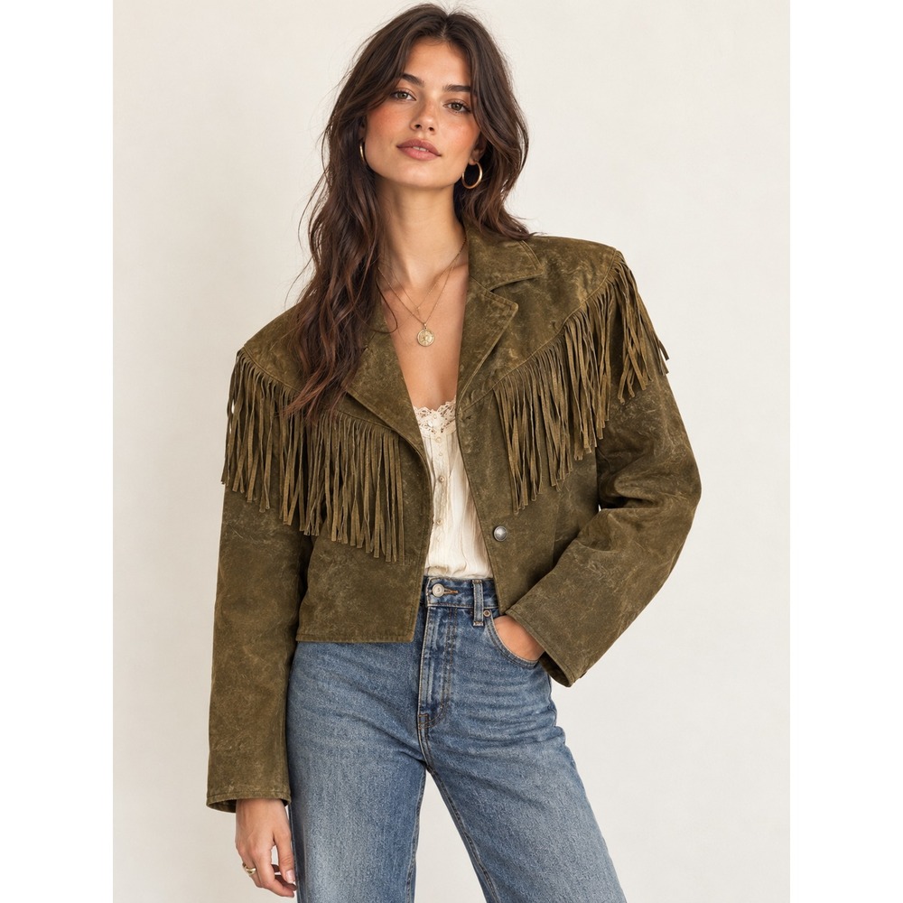 VTG 90s MTV Fringed Suede Leather Cropped Jacket Olive Green Women M Westerncore